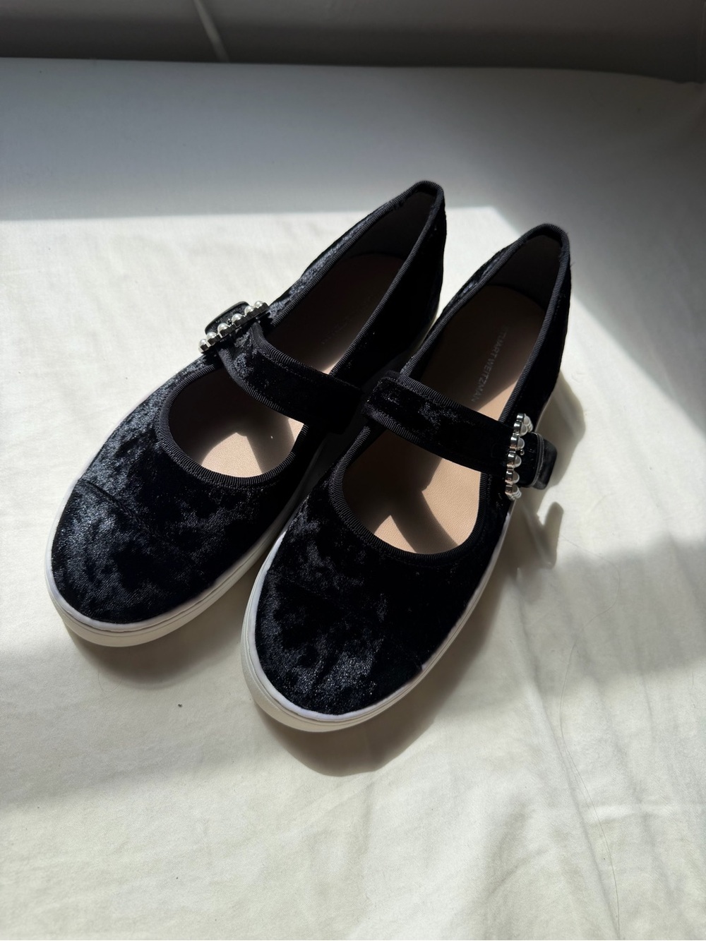 Stuart Weitzman Black Velvet Mary Jane Flats with Jewel Buckle